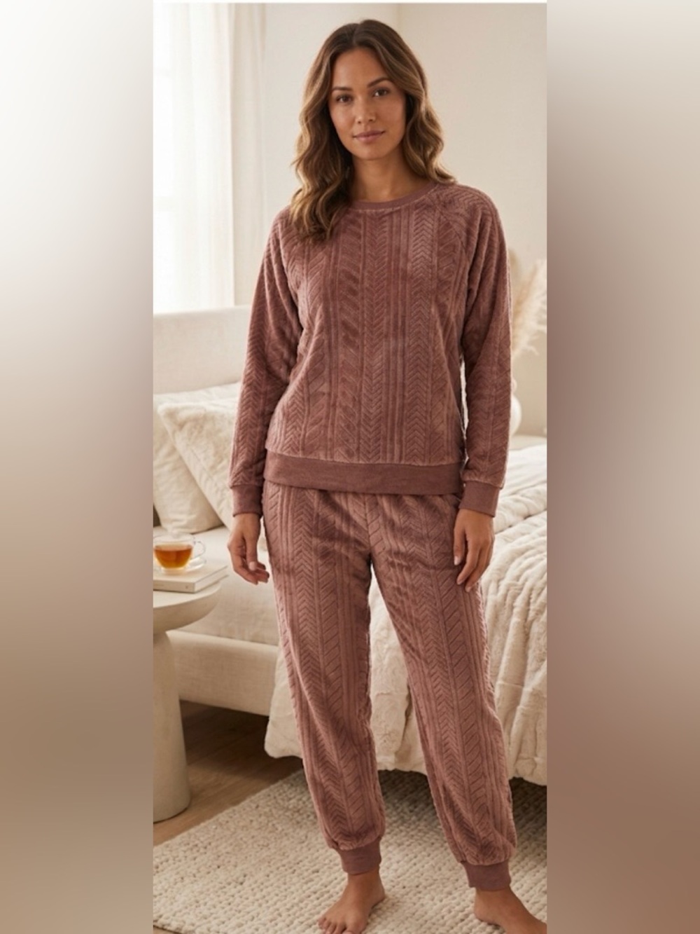 NWOT Cuddl Duds Cable Plush Jogger Textured Pajama Set Mink Taupe Color Large
